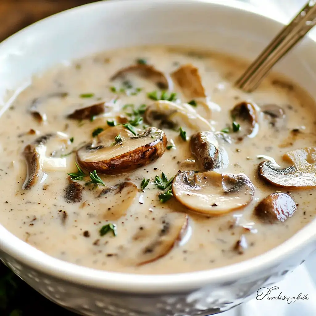 A creamy mushroom soup garnished with fresh herbs in a white bowl.