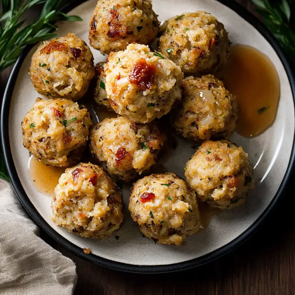 A plate of golden-brown stuffing balls drizzled with sauce and garnished with herbs.