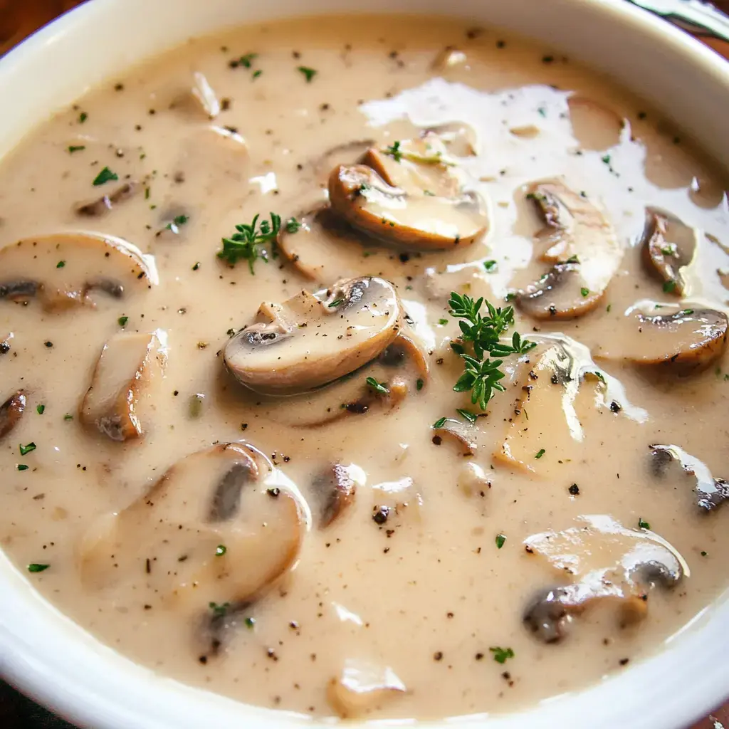 A creamy mushroom soup garnished with fresh herbs and black pepper.