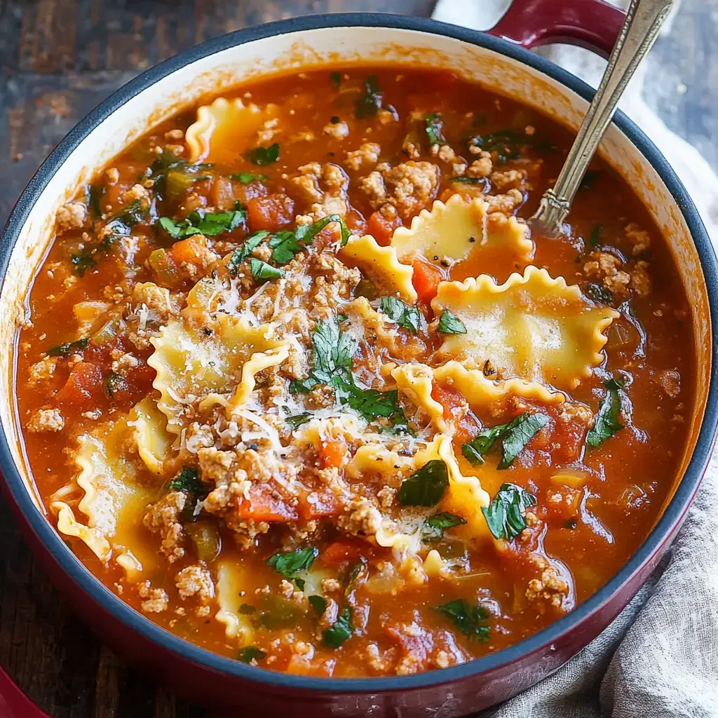 A hearty soup filled with lasagna noodles, ground meat, tomatoes, and garnished with fresh herbs and cheese.