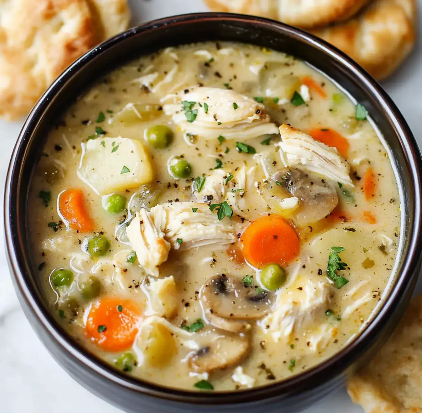 A bowl of chicken soup filled with shredded chicken, carrots, potatoes, peas, and mushrooms, garnished with parsley and accompanied by flaky biscuits.