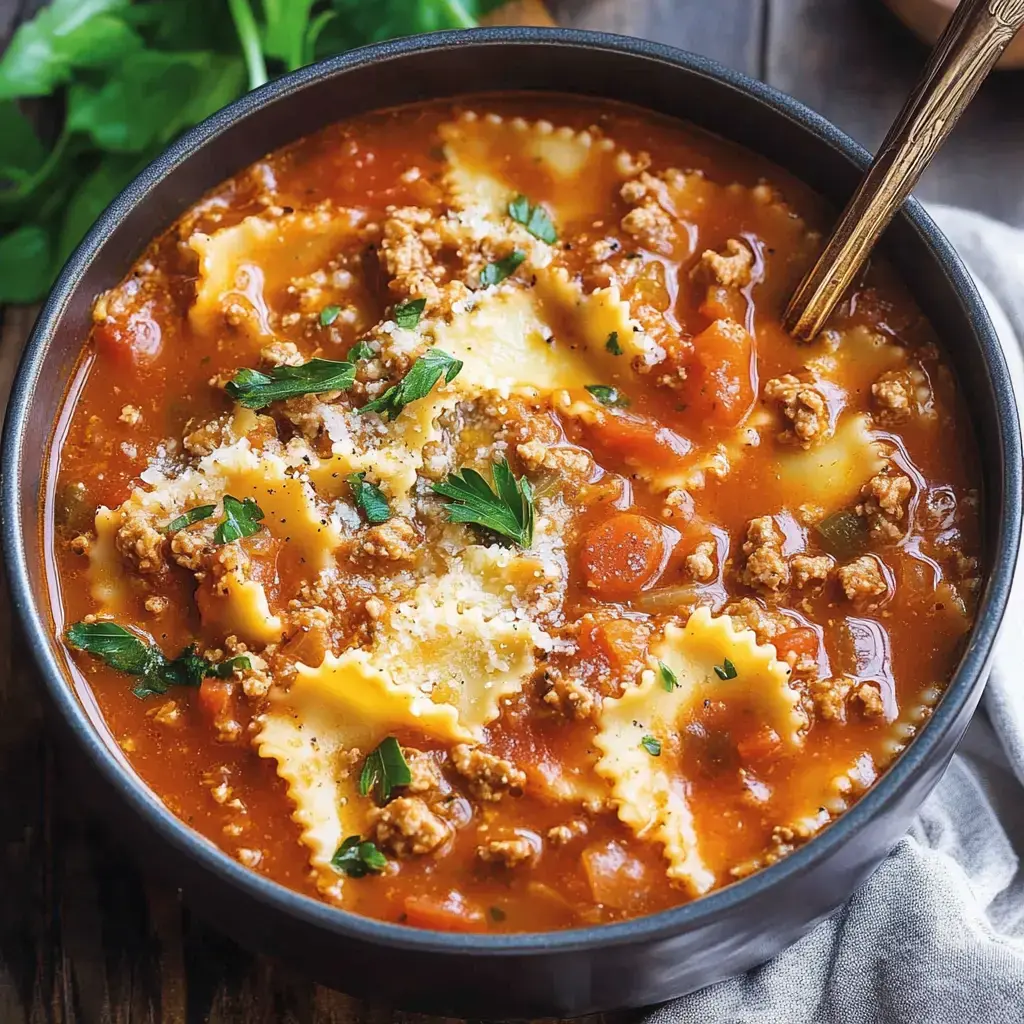 A hearty bowl of ravioli soup featuring ground meat, tomatoes, and fresh herbs.