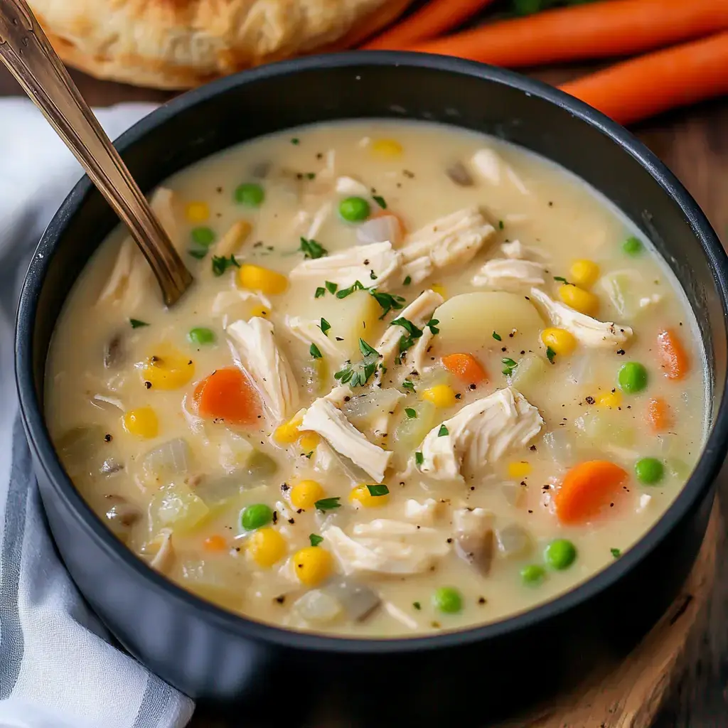 A black bowl filled with creamy chicken soup containing shredded chicken, mixed vegetables, and herbs, with a spoon resting inside.