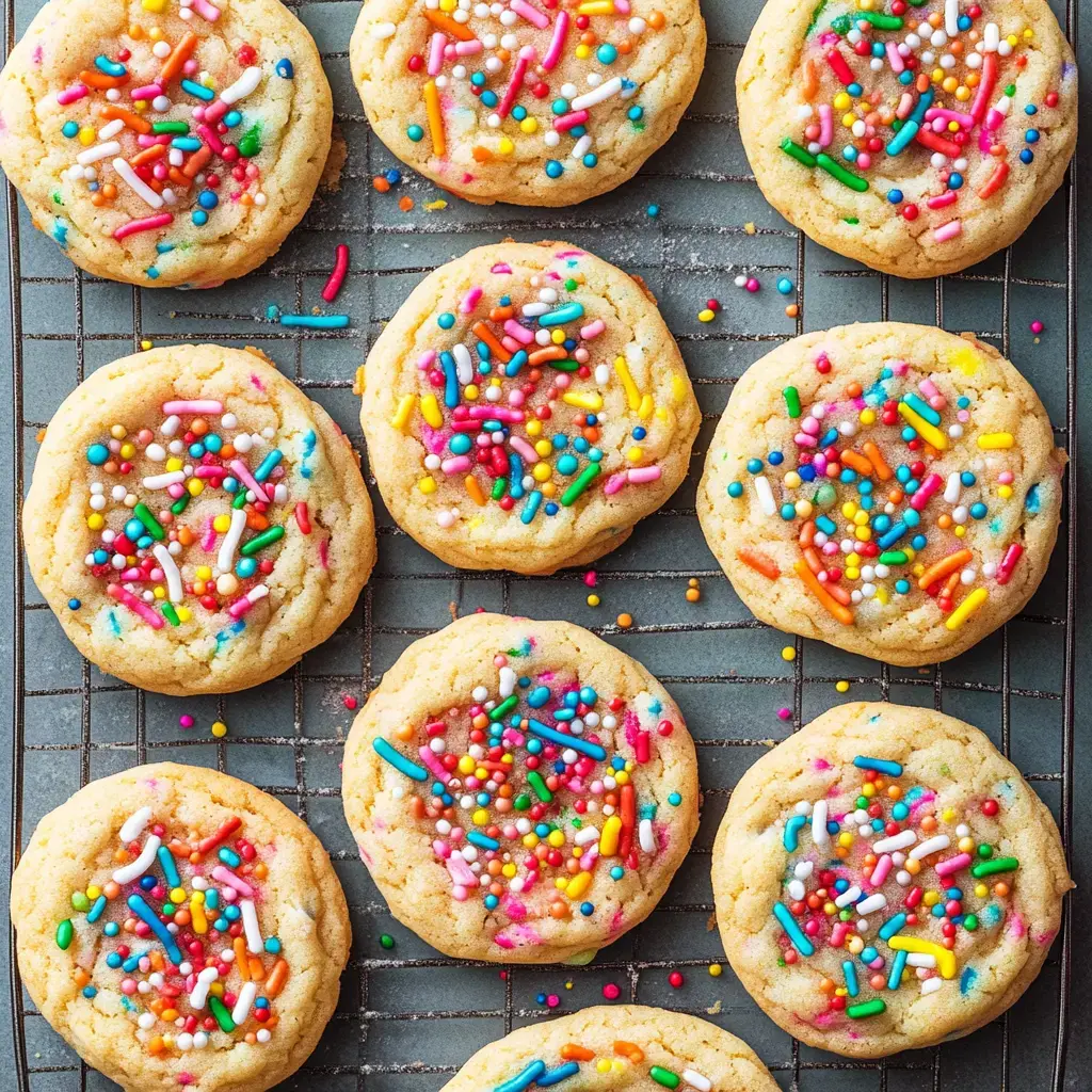 Freshly baked cookies decorated with colorful sprinkles are arranged on a cooling rack.