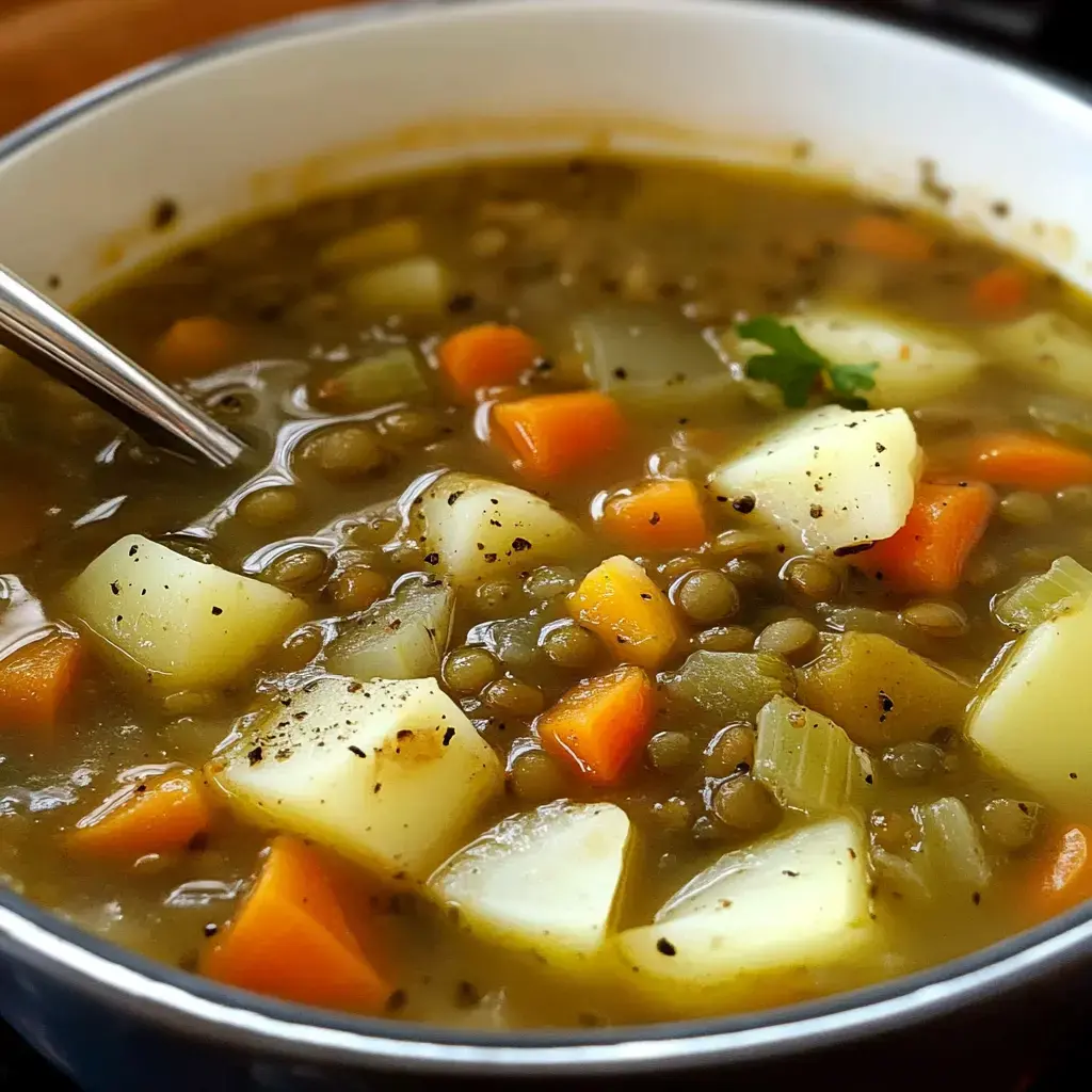 A close-up of a bowl of lentil soup with diced potatoes, carrots, and celery, garnished with a sprig of cilantro.