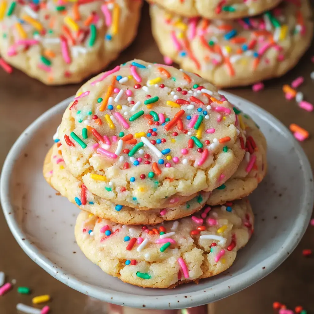 A close-up of a plate stacked with colorful, sprinkle-covered cookies, with additional cookies and sprinkles scattered in the background.