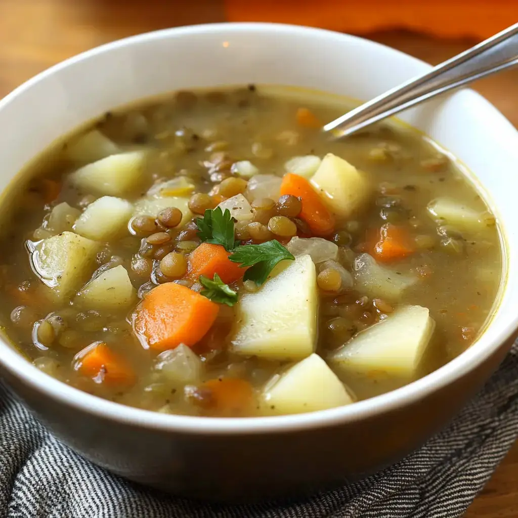 A warm bowl of lentil soup with carrots and potatoes, garnished with fresh parsley.