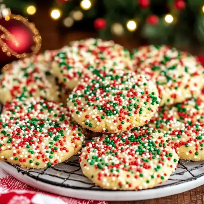 A plate of festive cookies decorated with red, green, and white sprinkles, surrounded by holiday decorations.