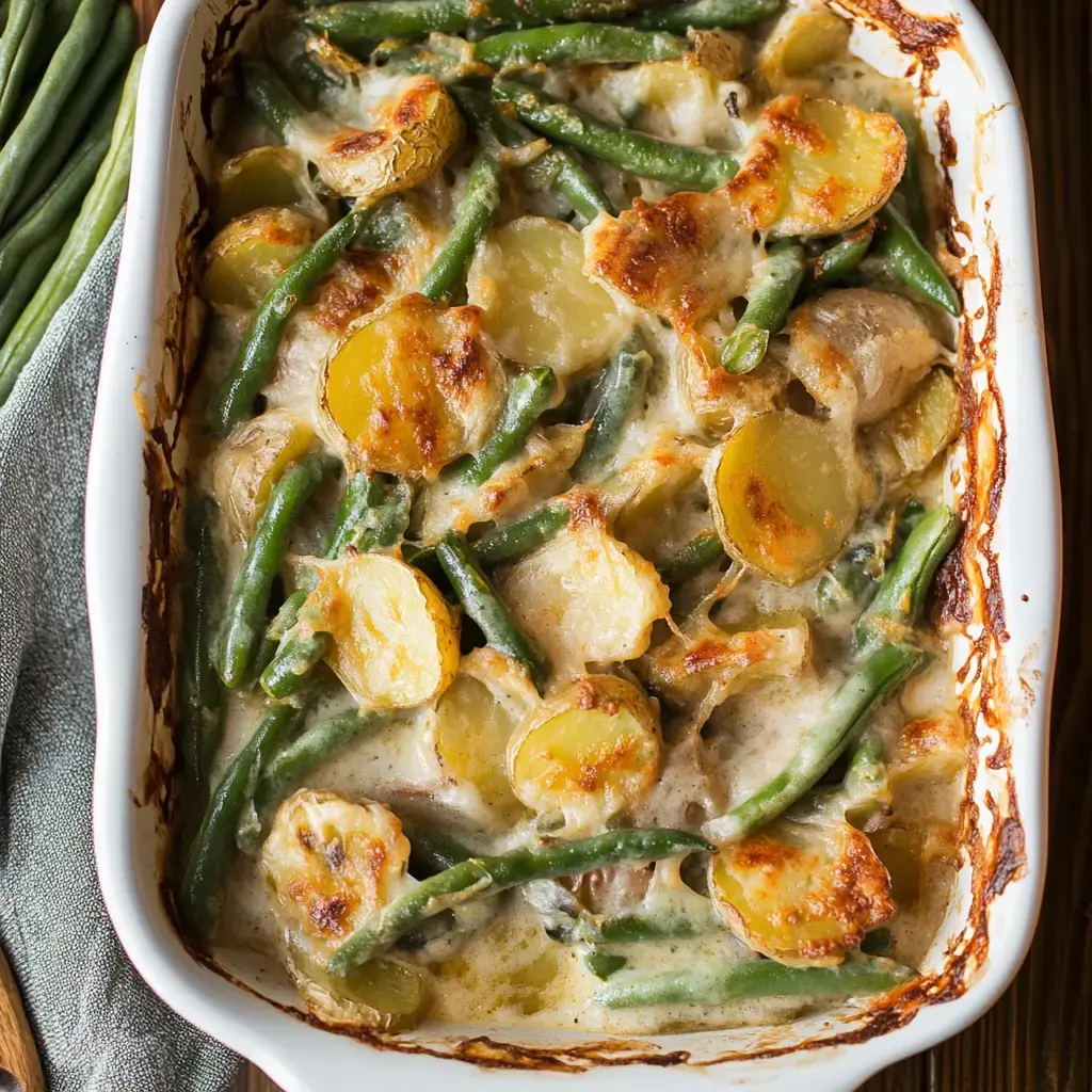 A creamy green bean and potato casserole with a golden-brown crust.