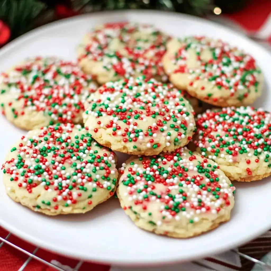 A white plate piled with festive sugar cookies decorated with red, green, and white sprinkles.