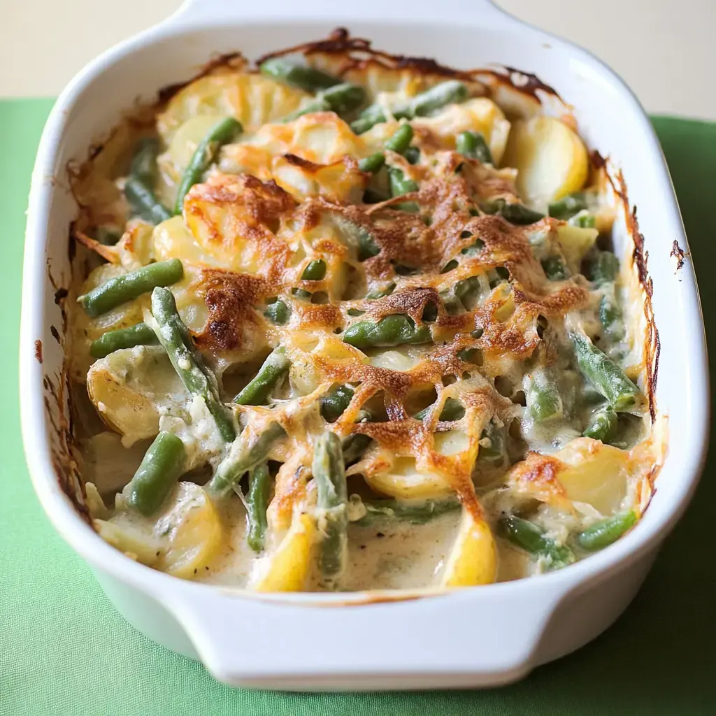 A casserole dish filled with baked green beans and potatoes topped with a golden, bubbly cheese crust.