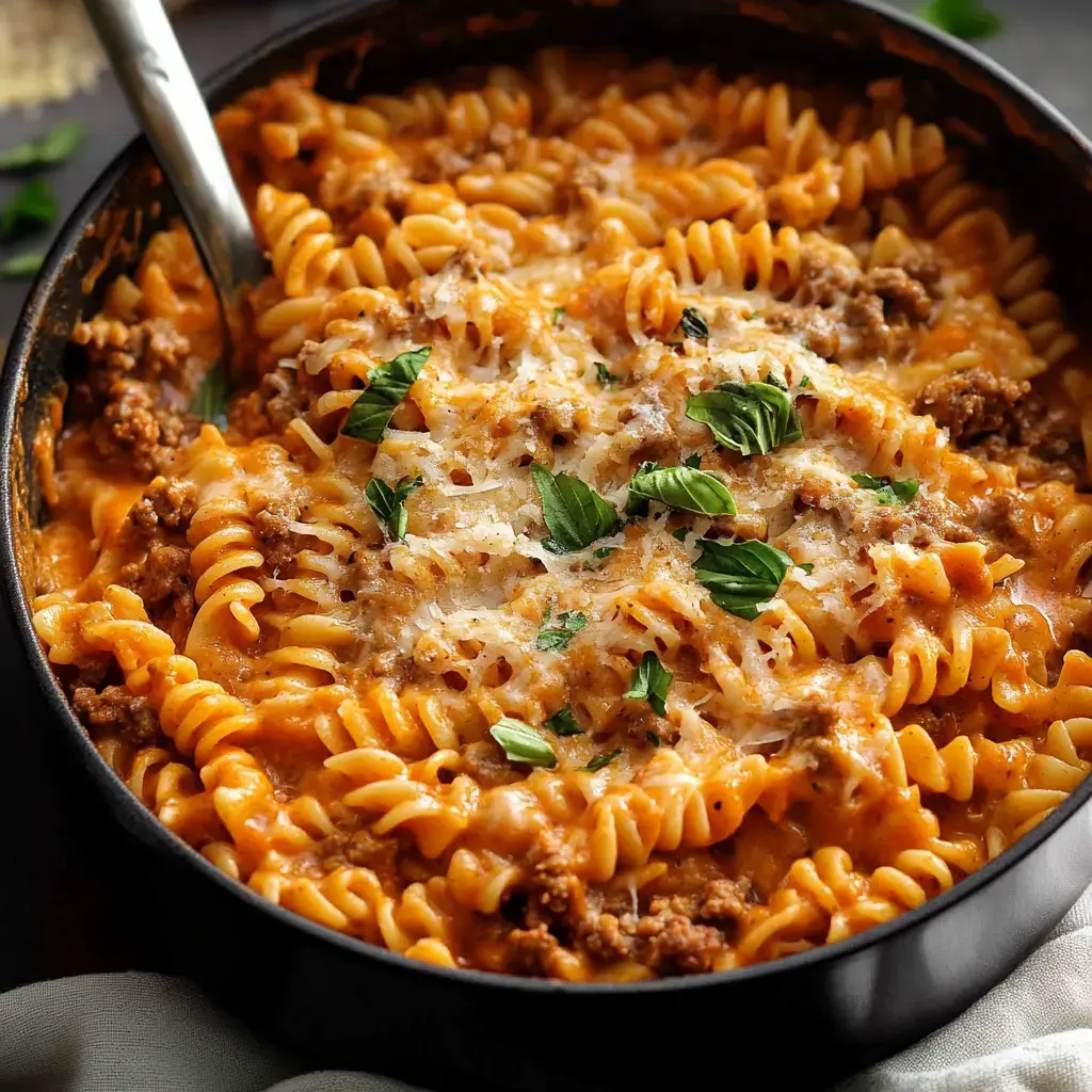 A close-up of a skillet filled with cheesy rotini pasta mixed with ground meat and garnished with fresh basil.