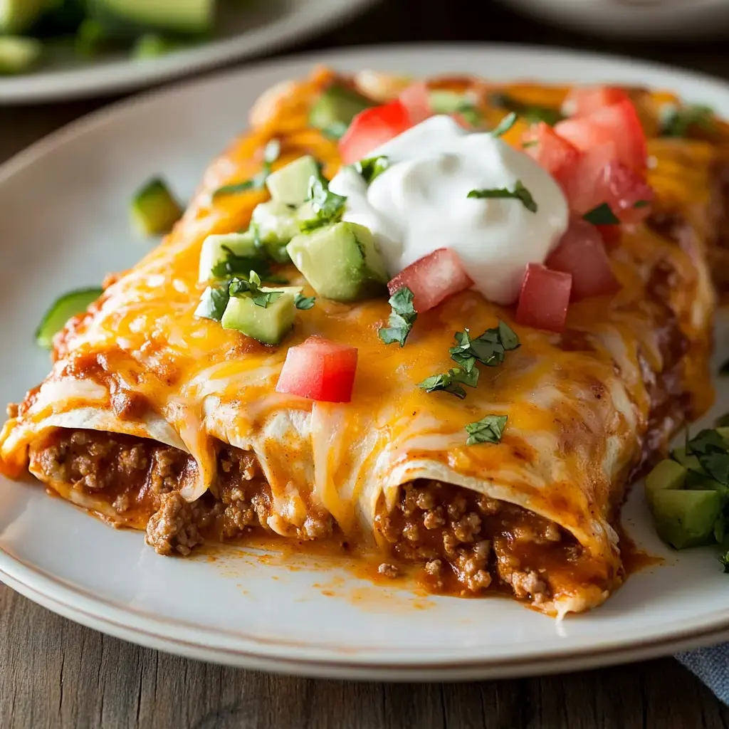 A plate of cheesy beef enchiladas topped with diced tomatoes, cucumbers, cilantro, and a dollop of sour cream.