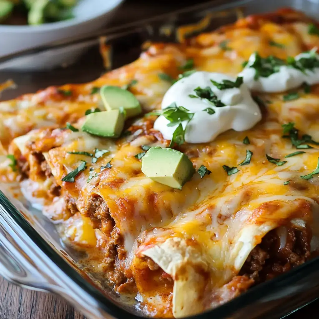 A close-up of a dish of cheesy beef enchiladas, topped with sour cream, cilantro, and avocado chunks, served in a glass baking dish.