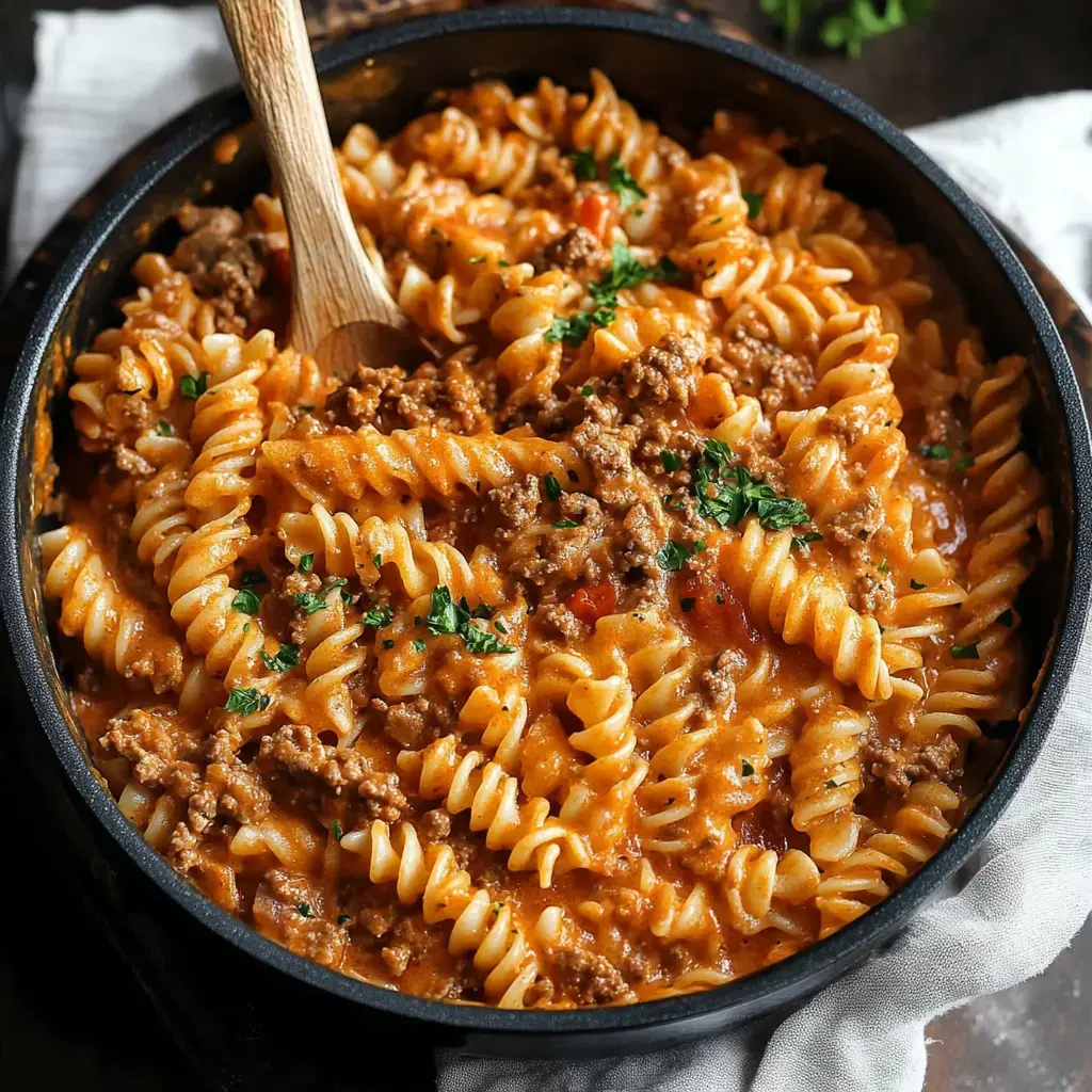 A hearty dish of rotini pasta mixed with ground beef in a creamy tomato sauce, garnished with fresh herbs.