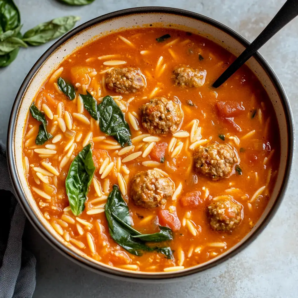 A bowl of tomato soup with orzo, meatballs, and fresh basil leaves.