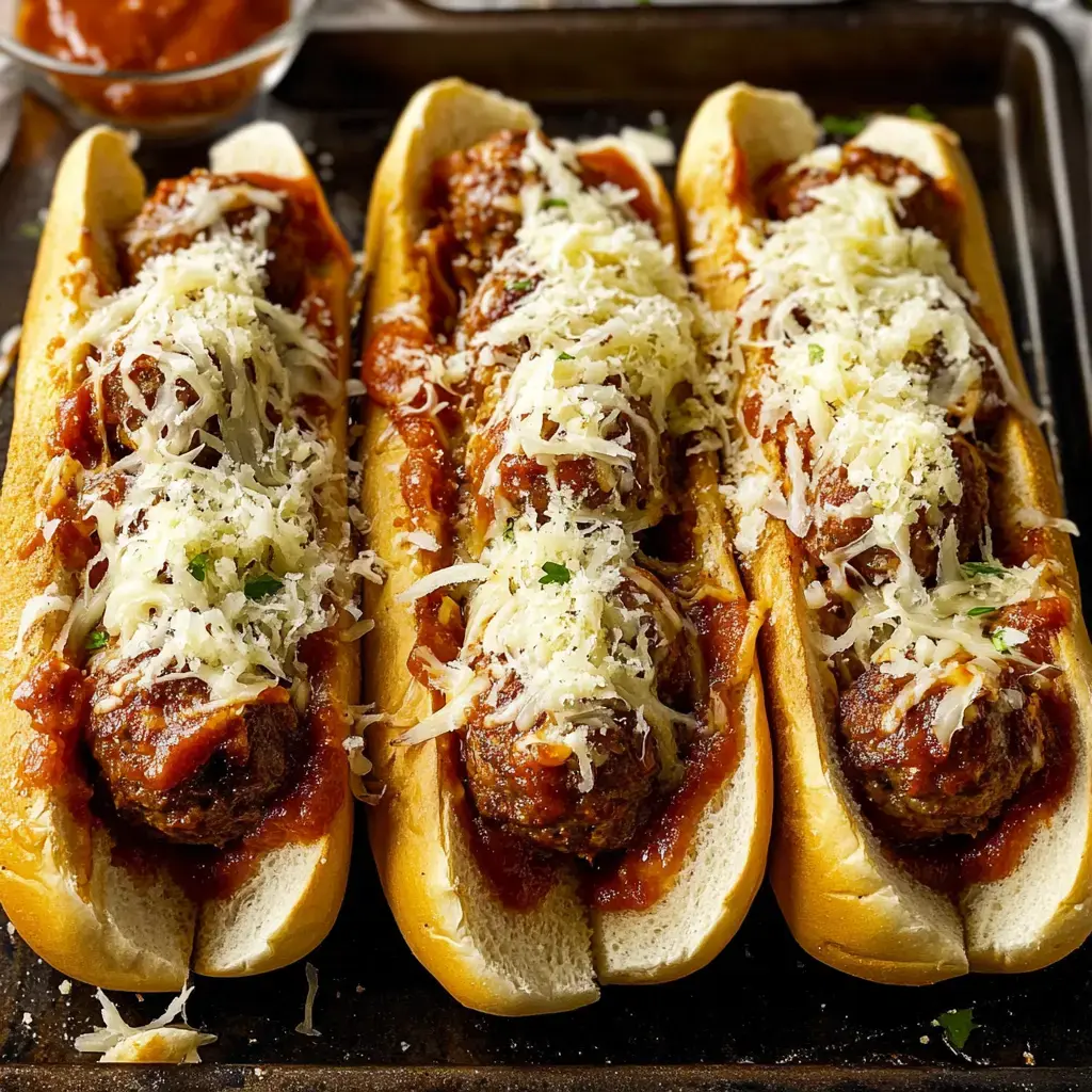 Three meatball subs are filled with meatballs and topped with marinara sauce and shredded cheese, placed on a baking tray.