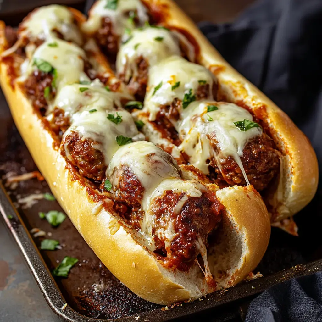 A hearty sub sandwich filled with meatballs, marinara sauce, melted cheese, and topped with parsley, on a baking tray.