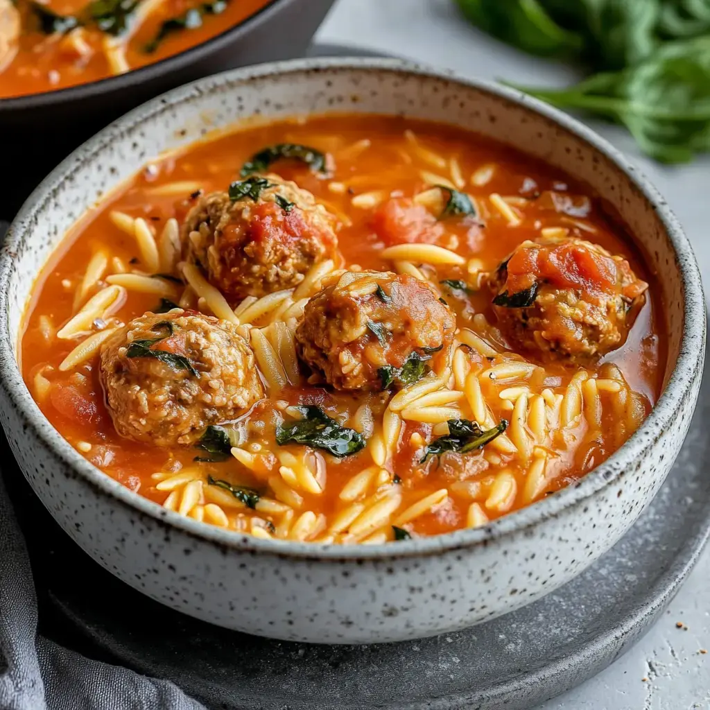 A bowl of soup featuring meatballs, orzo pasta, tomatoes, and spinach in a savory broth.