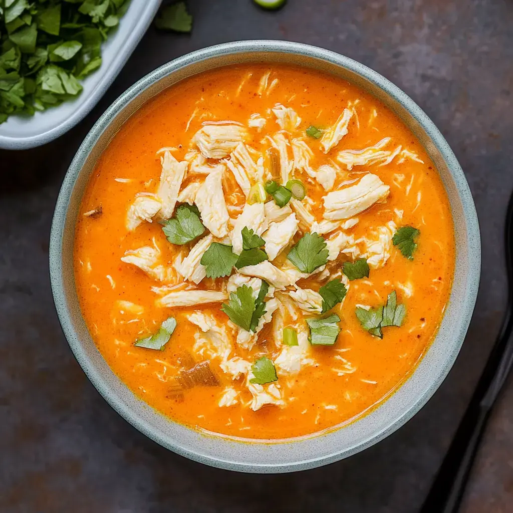 A bowl of creamy orange soup topped with shredded chicken and fresh cilantro.