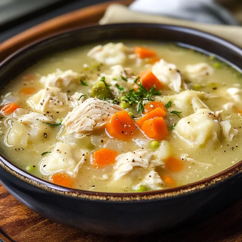 A bowl of hearty chicken and dumpling soup featuring pieces of chicken, carrots, peas, and fluffy dumplings in a savory broth.