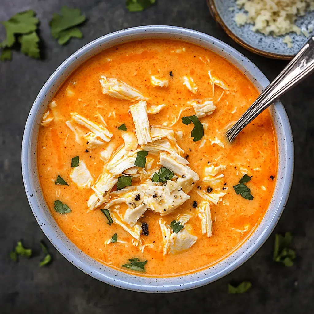 A bowl of creamy orange soup topped with shredded chicken and fresh cilantro.