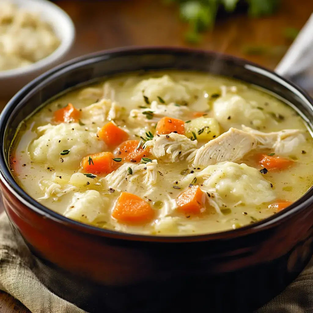 A steaming bowl of chicken and dumpling soup with chunks of carrots and shredded chicken, garnished with herbs.