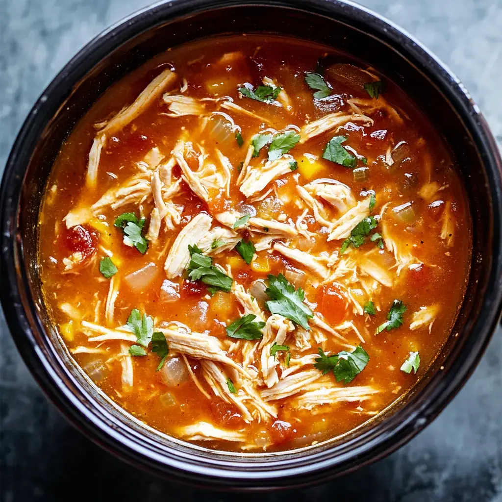 A close-up of a bowl of chicken soup with shredded chicken, diced vegetables, and garnished with fresh cilantro.