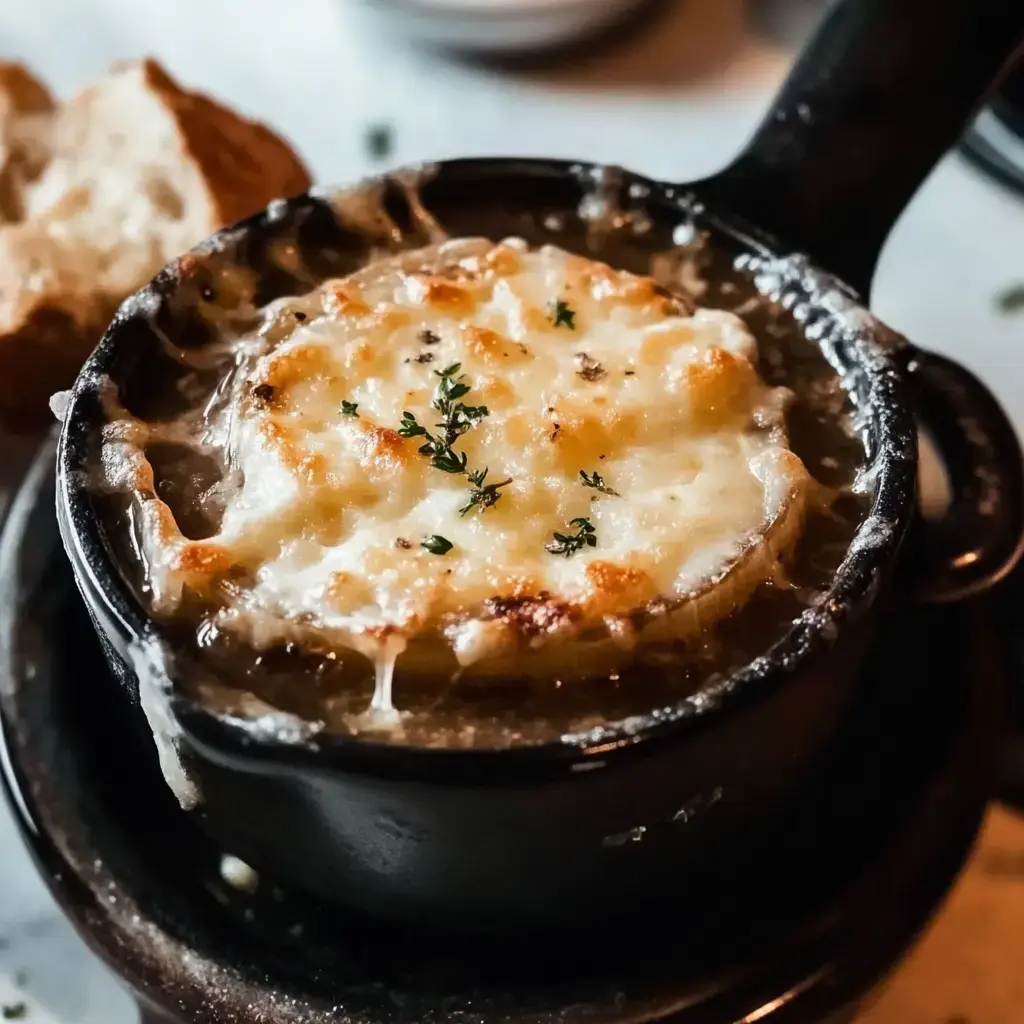 A bowl of French onion soup topped with melted cheese and a sprig of thyme, accompanied by a piece of bread.