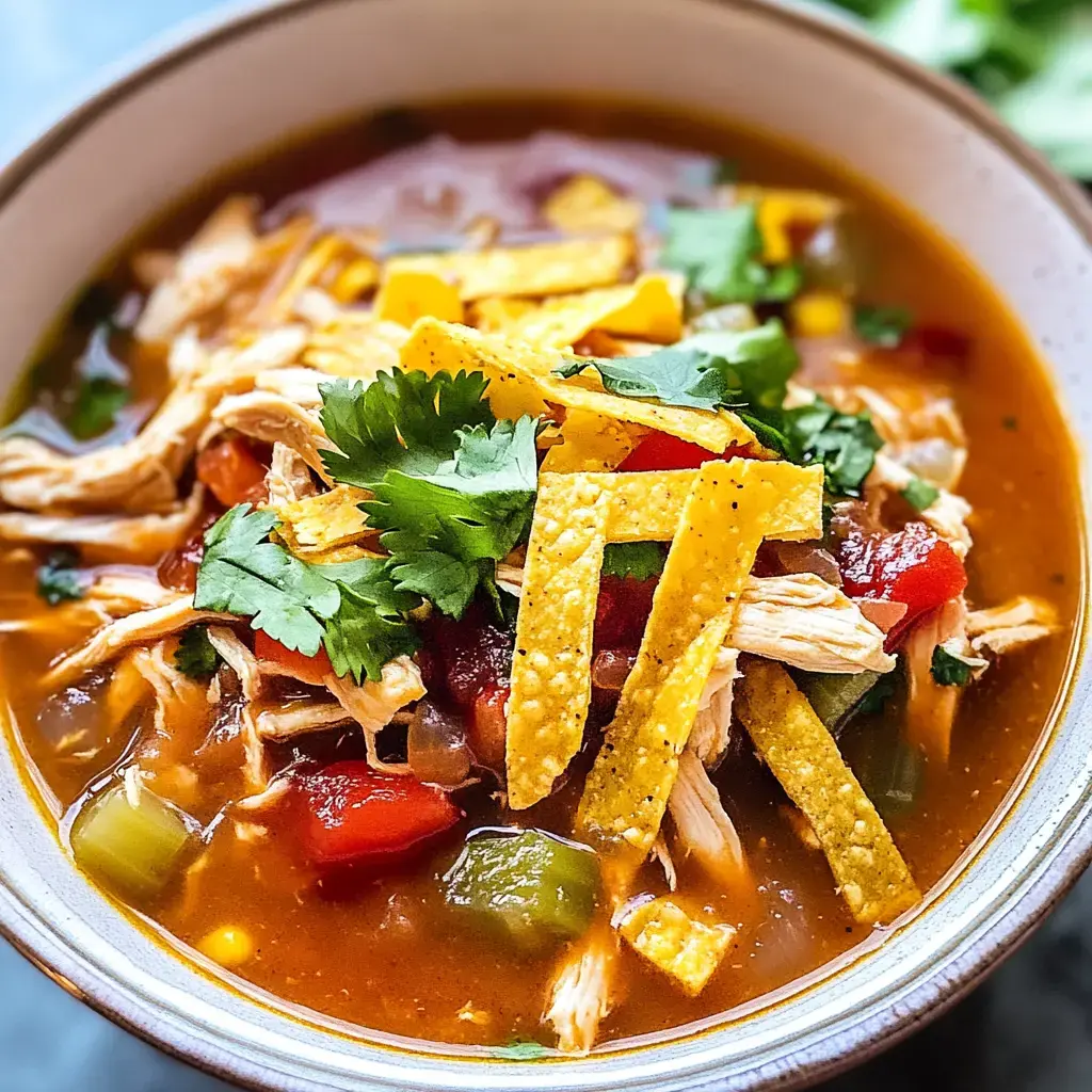 A bowl of soup topped with shredded chicken, tortilla strips, fresh cilantro, and diced tomatoes.