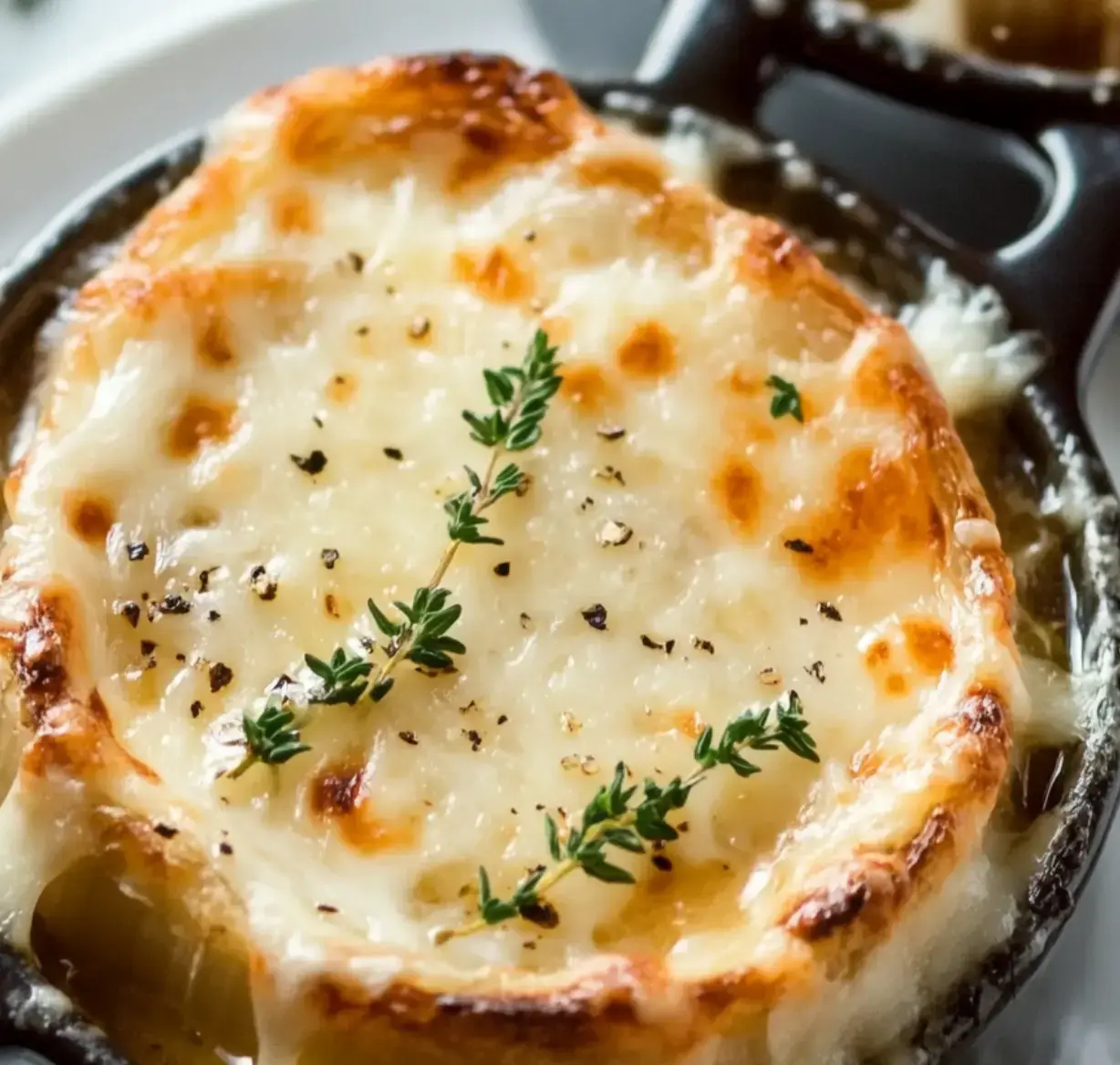 A golden-brown, cheesy dish topped with fresh thyme and black pepper, served in a small cast iron skillet.