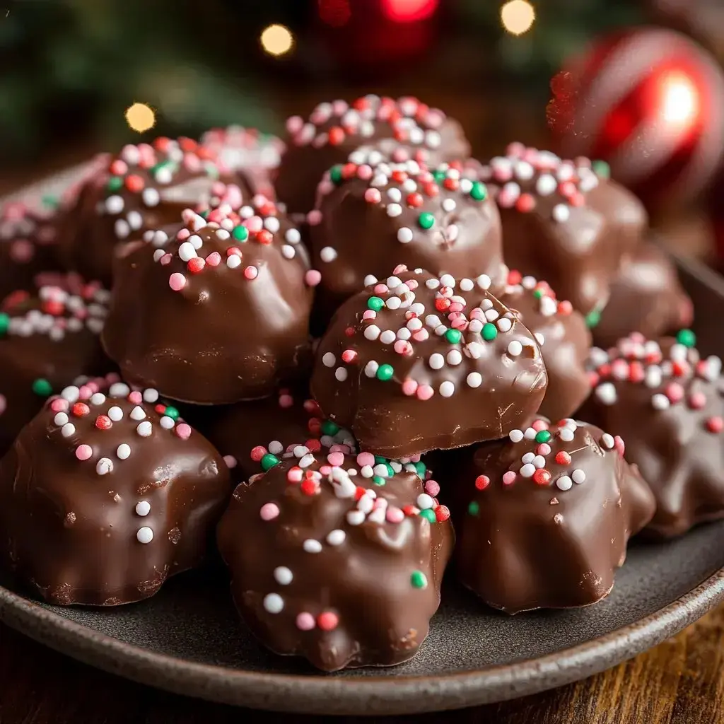 A plate of chocolate-covered treats sprinkled with red, green, and white decorations.