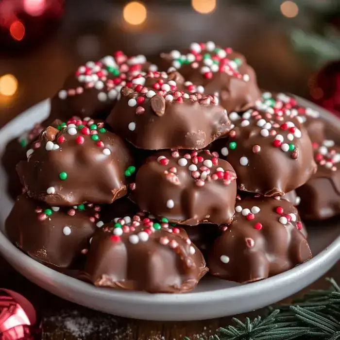 A plate of festive chocolate candies topped with colorful red, green, and white sprinkles.