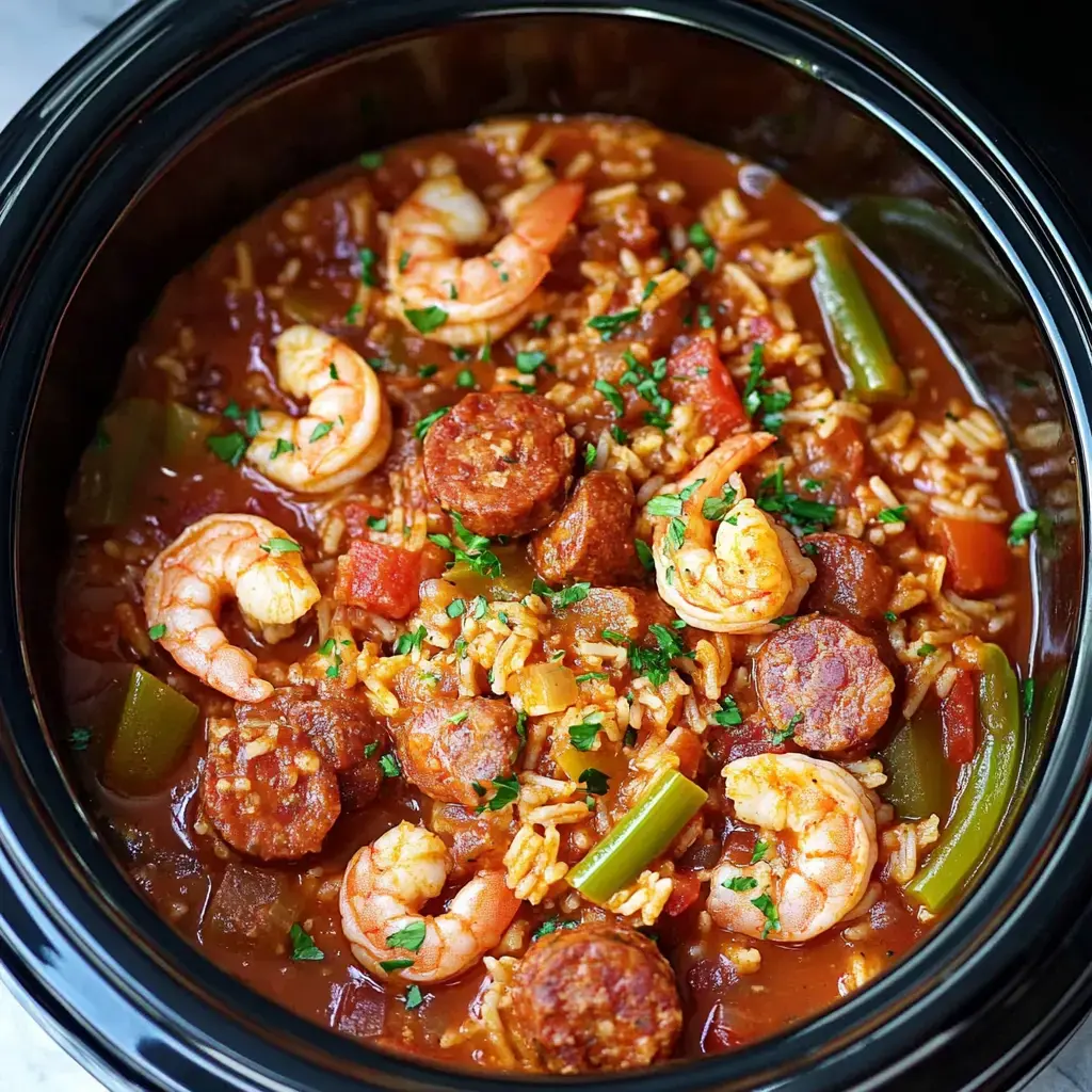 A close-up of a savory shrimp and sausage dish with rice, garnished with fresh herbs, in a black slow cooker.