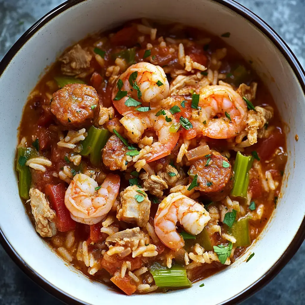 A bowl of shrimp and sausage jambalaya with rice, tomatoes, celery, and fresh parsley.