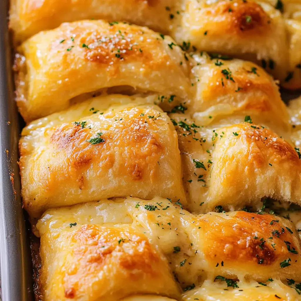 A close-up of golden-brown cheesy bread rolls, sprinkled with parsley, in a baking dish.