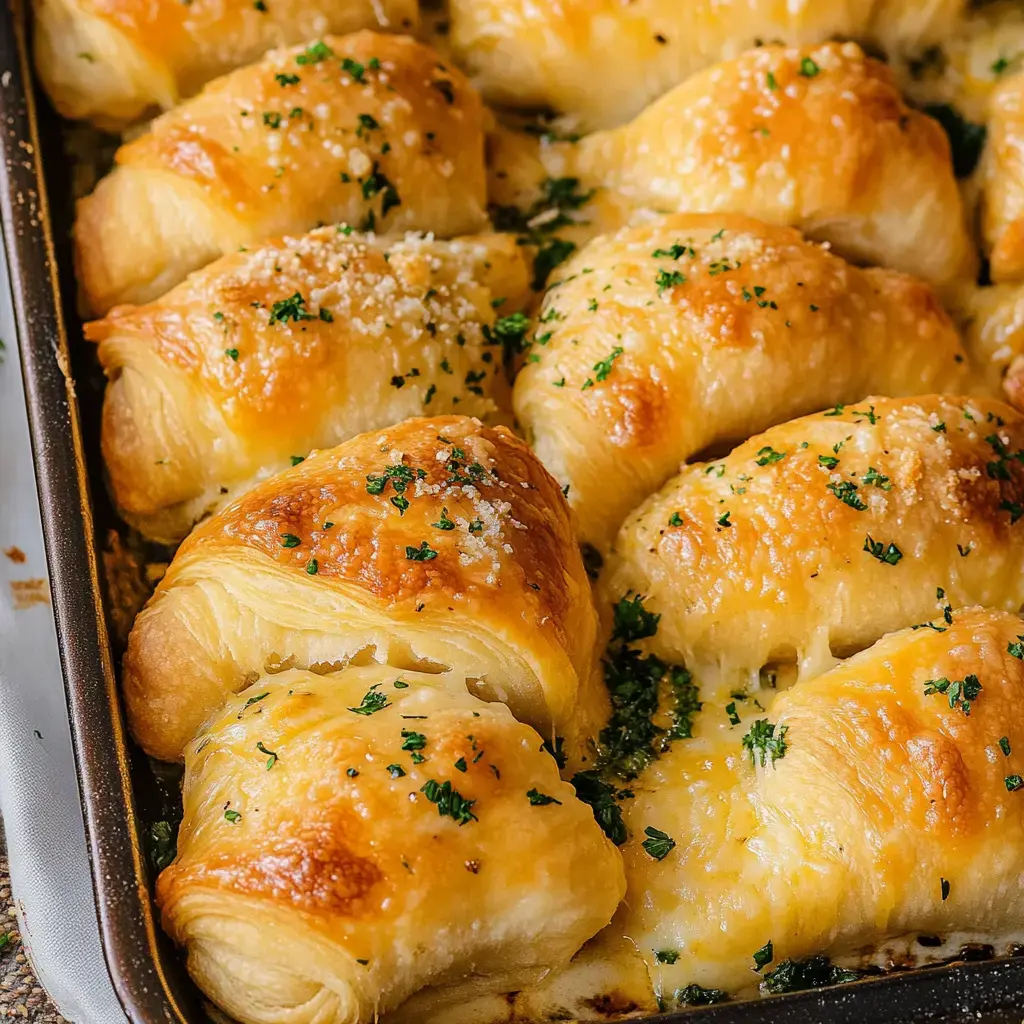 A close-up of golden, flaky cheese-filled pastries topped with parsley in a baking dish.