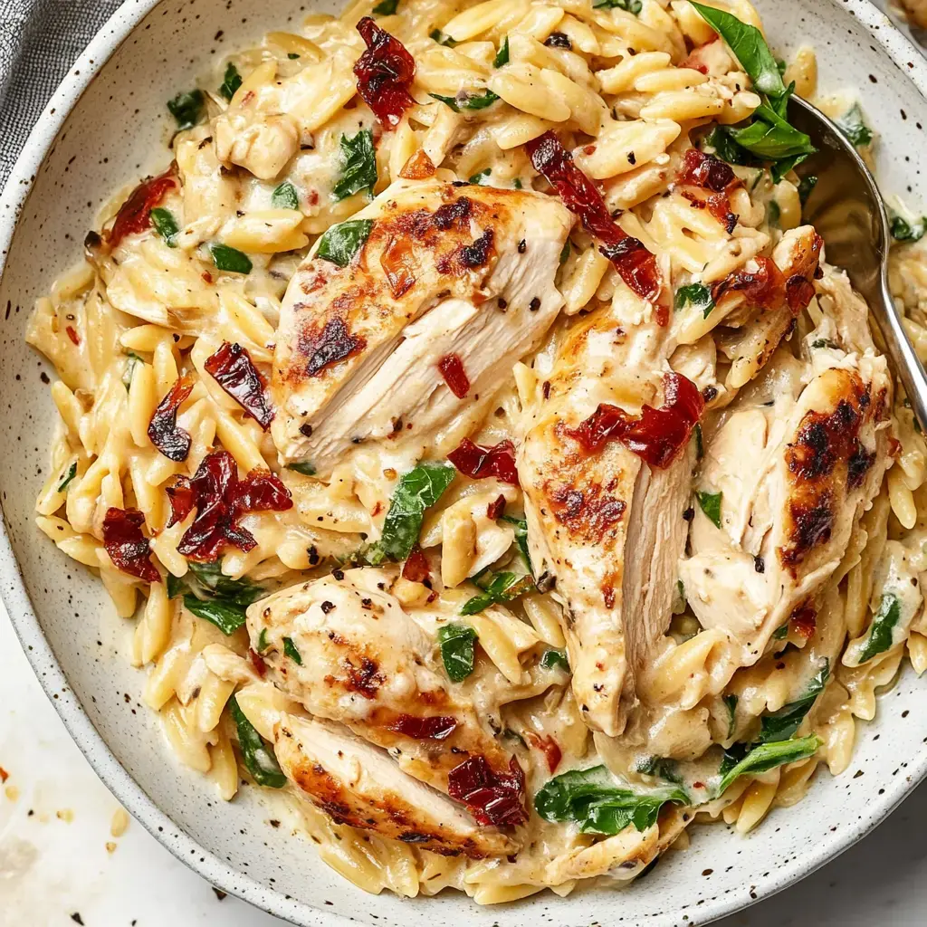 A bowl of creamy orzo pasta topped with grilled chicken, sun-dried tomatoes, and fresh spinach.