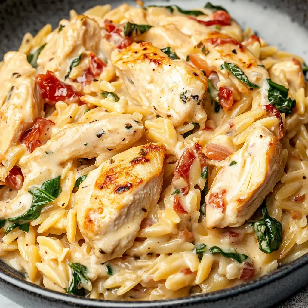 A creamy pasta dish with pieces of grilled chicken, spinach, and sun-dried tomatoes.