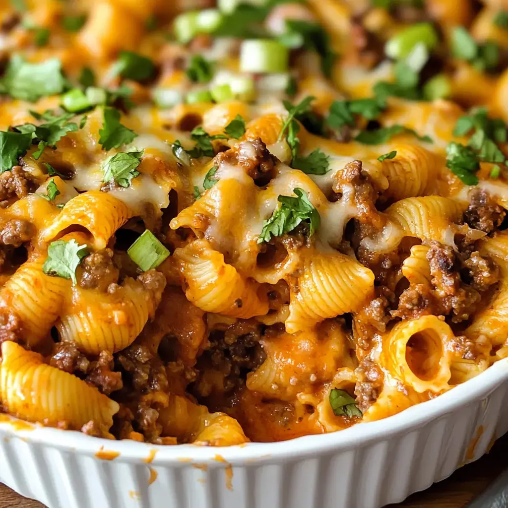 A close-up view of baked pasta with ground beef, topped with melted cheese, cilantro, and green onions.