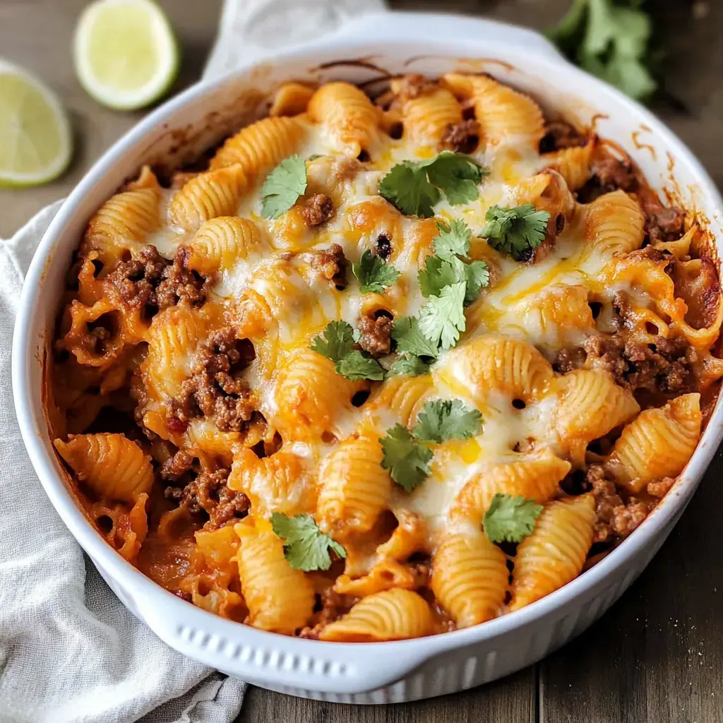 A baked pasta dish with shell-shaped noodles, ground meat, and melted cheese, garnished with fresh cilantro, served in a white casserole dish.