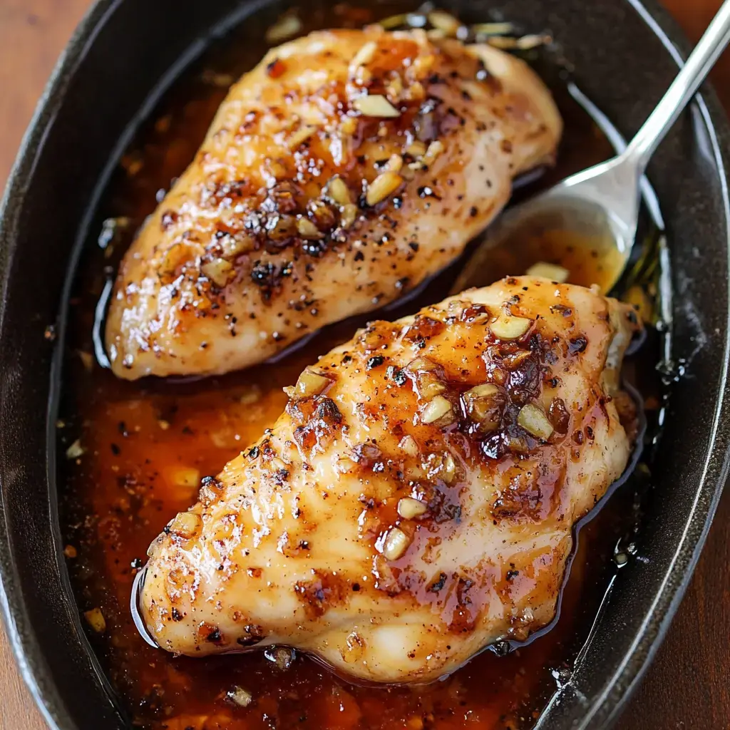 Two glazed chicken breasts topped with minced garlic and pepper sit in a dark dish with a savory sauce.