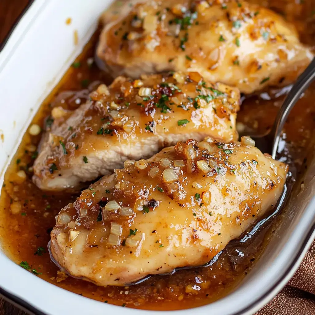 A close-up view of three chicken breasts covered in a savory sauce with chopped onions and herbs in a white serving dish.