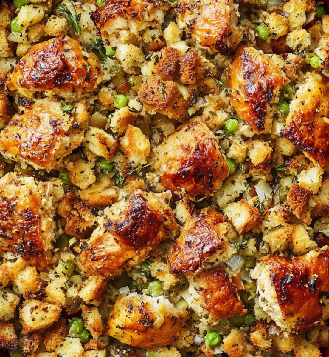 A close-up view of golden-brown bread stuffing mixed with peas and herbs.