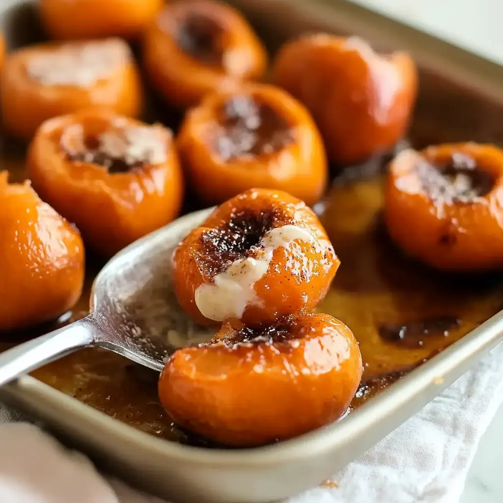 A close-up of baked peaches with caramelized tops, one peach on a spoon revealing creamy filling.