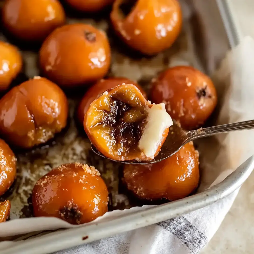 A tray of glazed, baked fruits, with one being held on a spoon, revealing a sweet filling inside.