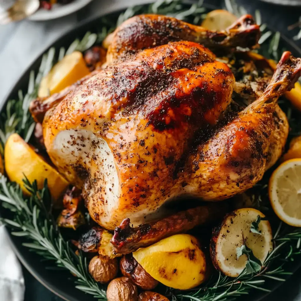 A beautifully roasted chicken is garnished with lemon slices and surrounded by roasted potatoes and herbs on a black platter.