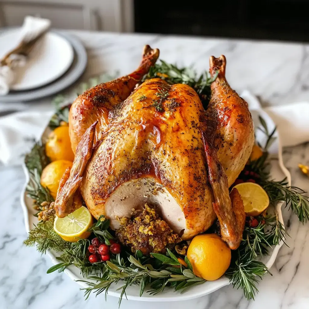 A beautifully roasted turkey garnished with fresh herbs and citrus fruits on a white platter.