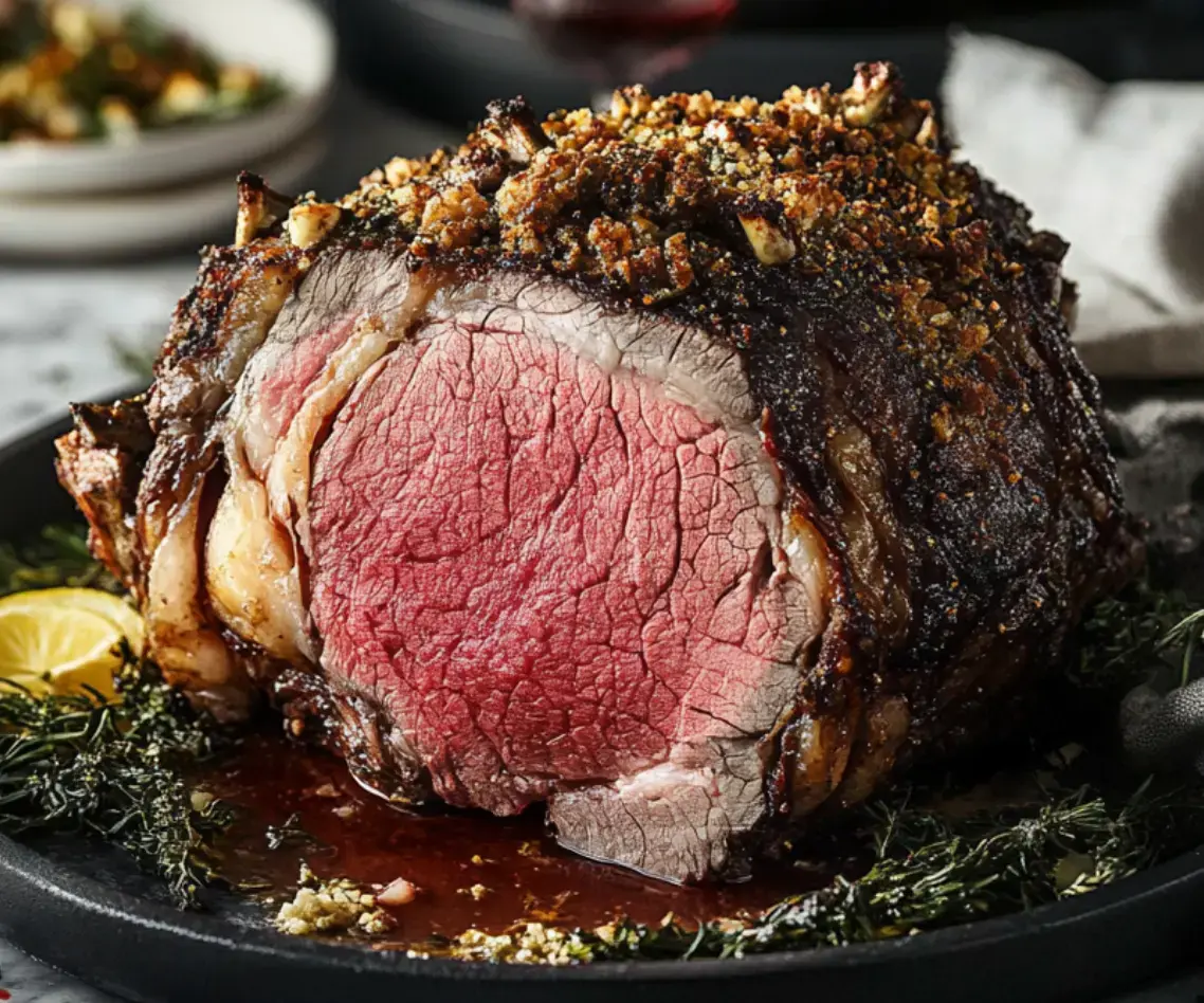 A perfectly cooked roast beef with a crispy crust, garnished with herbs and served on a black platter.