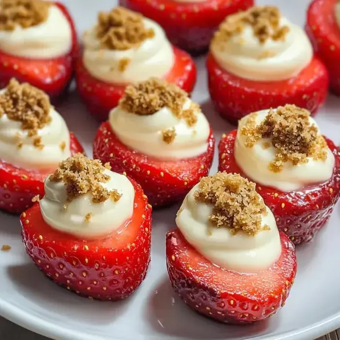 A plate of halved strawberries filled with cream and topped with brown sugar crumble.